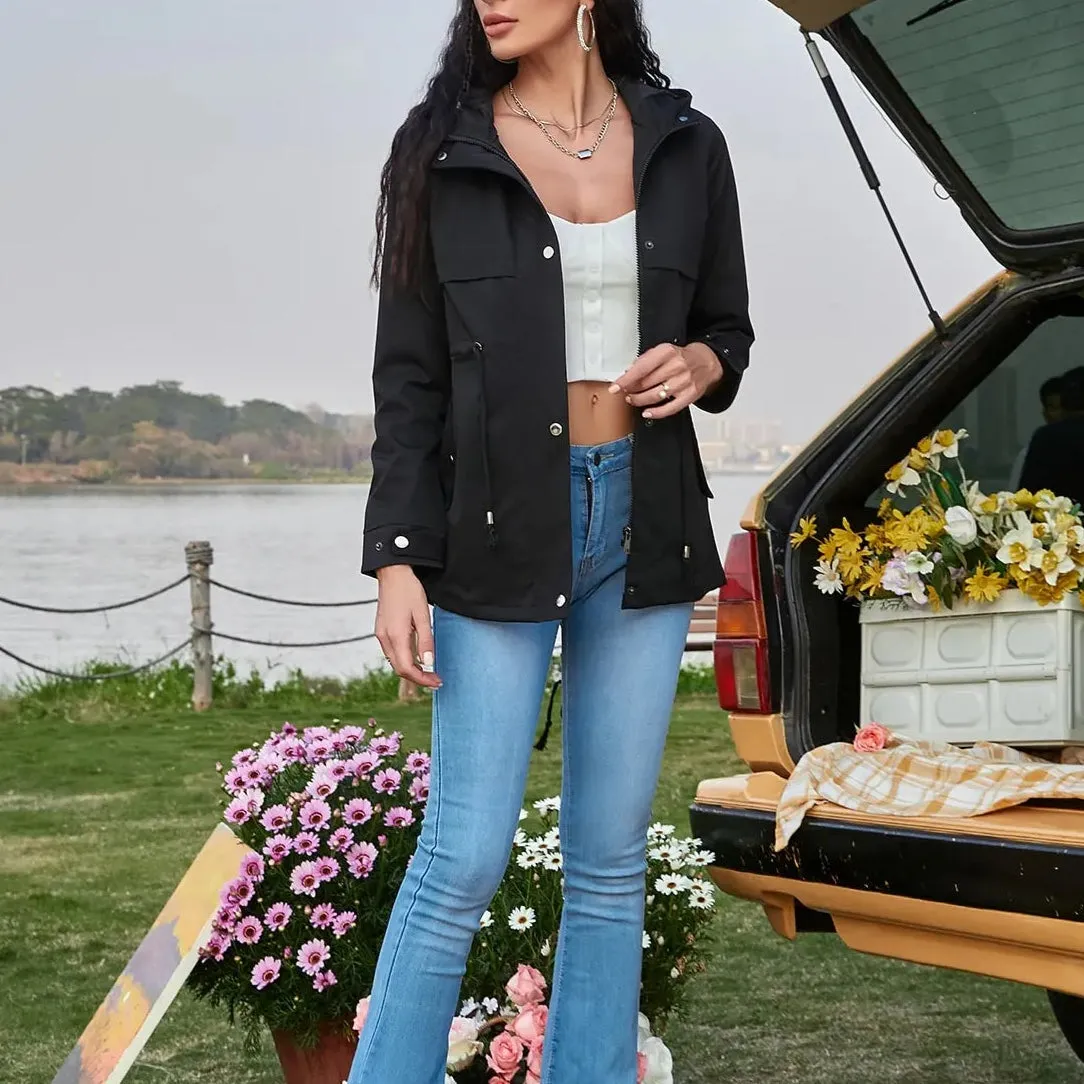 Aurelia - Black Drawstring Waist Hooded Coat