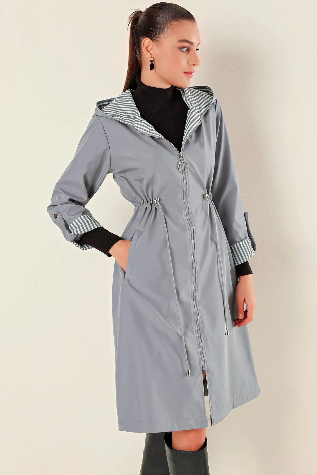 BGD Women Waist Gathered Hooded Trench Coat - Grey - Heemskerk