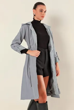 BGD Women Waist Gathered Hooded Trench Coat - Grey - Heemskerk