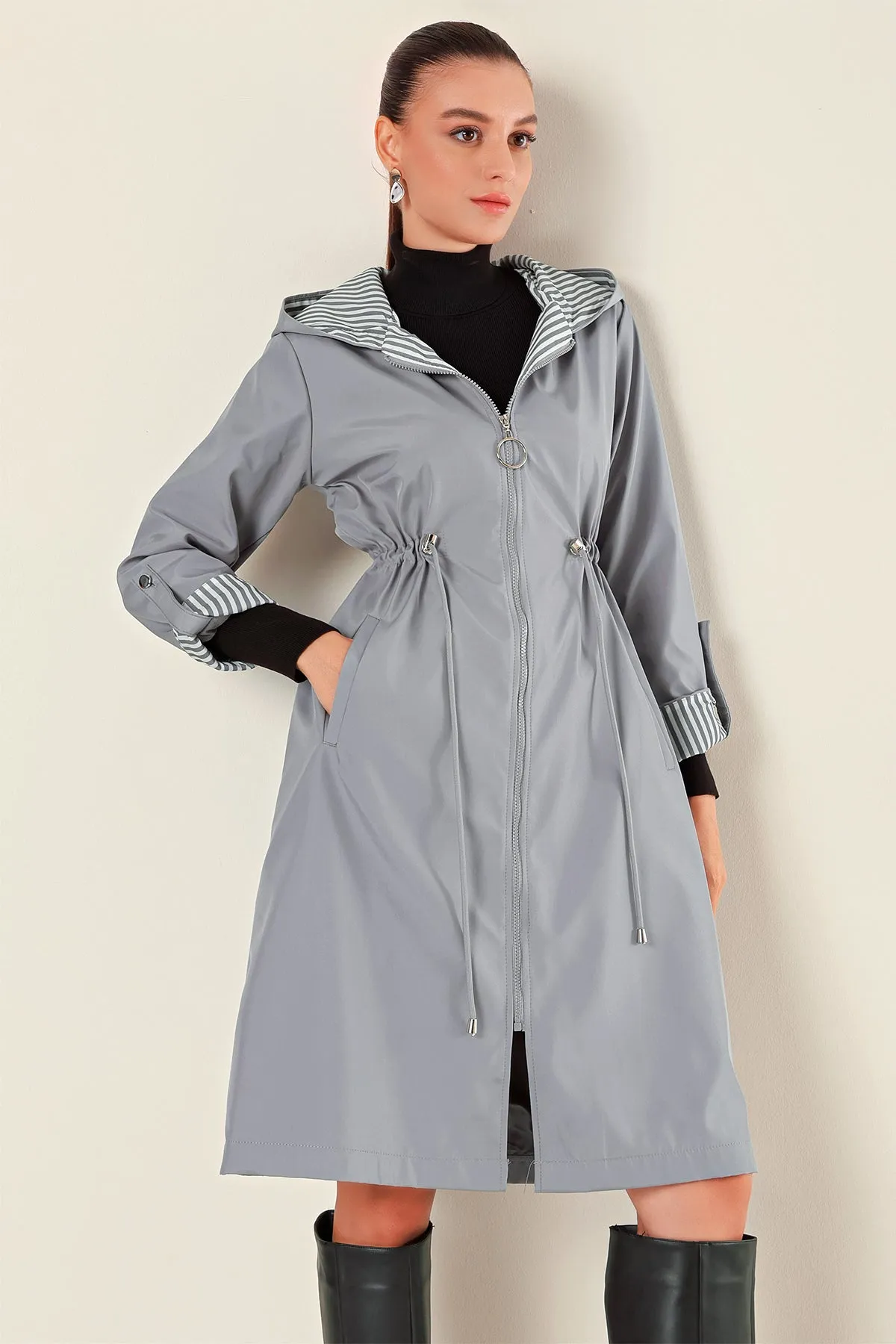 BGD Women Waist Gathered Hooded Trench Coat - Grey - Heemskerk