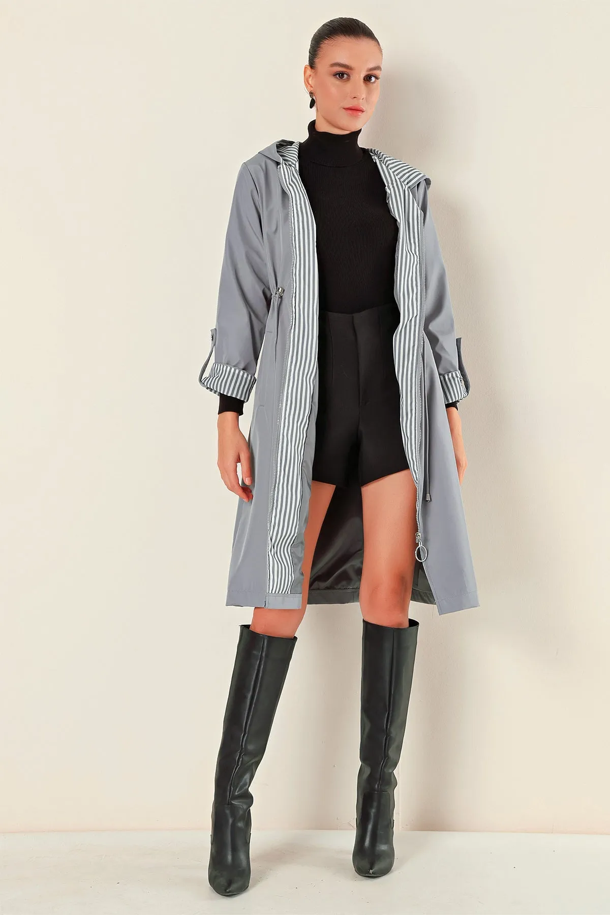 BGD Women Waist Gathered Hooded Trench Coat - Grey - Heemskerk