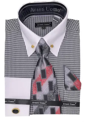 Black Houndstooth Dress Shirt Set with French Cuff