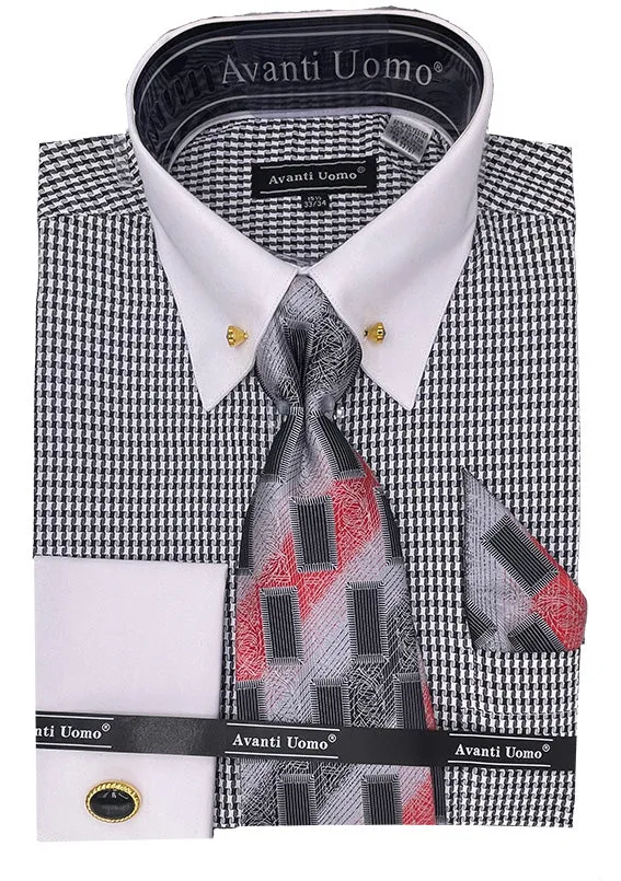 Black Houndstooth Dress Shirt Set with French Cuff