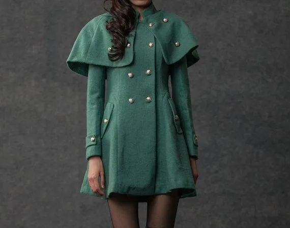 Black Wool  Cape  Asymmetrical Coat Wth Double Breasted  C187