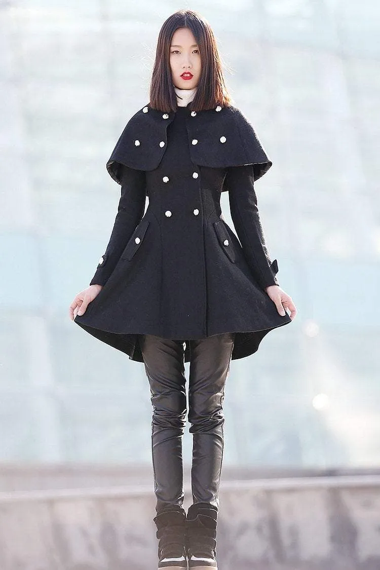 Black Wool  Cape  Asymmetrical Coat Wth Double Breasted  C187