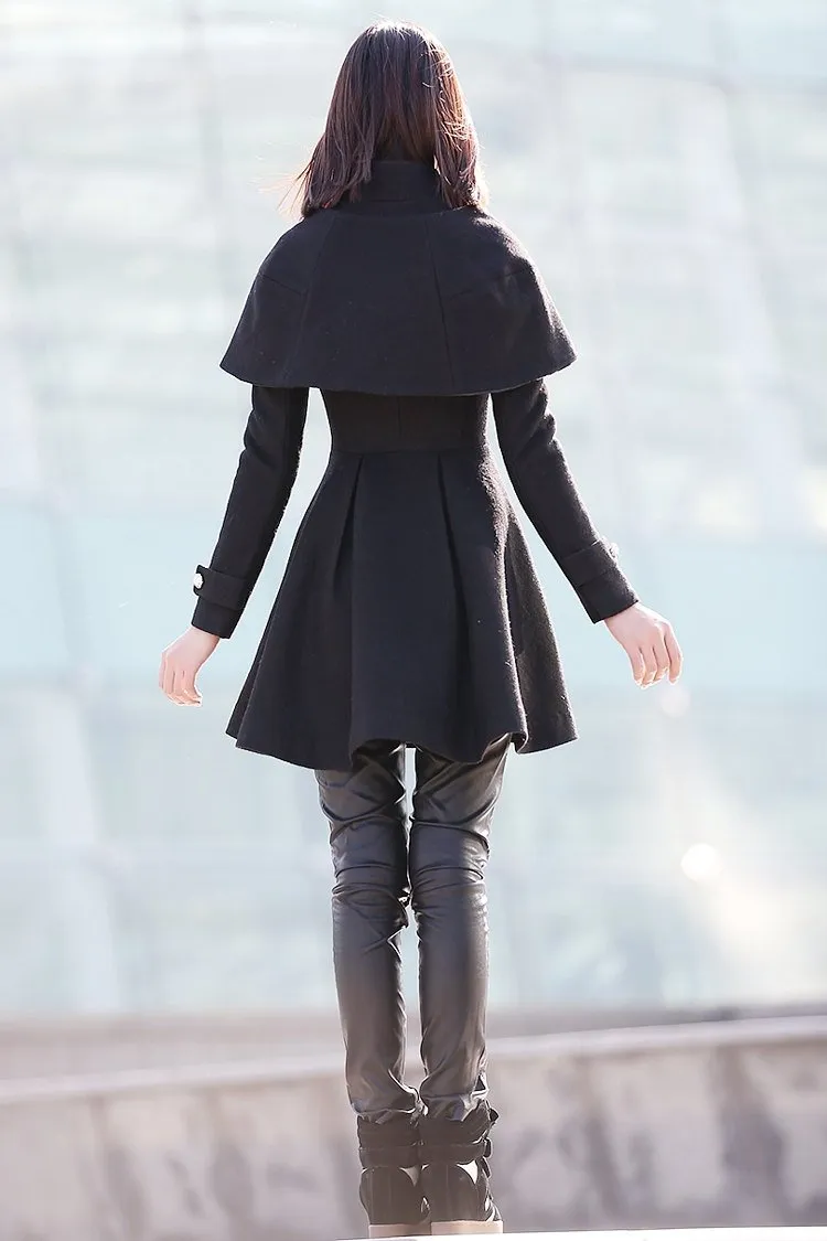 Black Wool  Cape  Asymmetrical Coat Wth Double Breasted  C187
