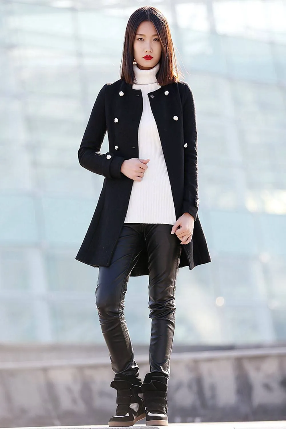 Black Wool  Cape  Asymmetrical Coat Wth Double Breasted  C187