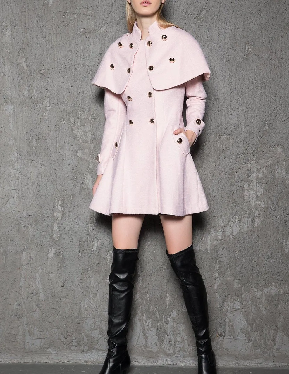 Black Wool  Cape  Asymmetrical Coat Wth Double Breasted  C187