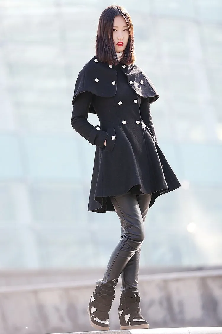 Black Wool  Cape  Asymmetrical Coat Wth Double Breasted  C187