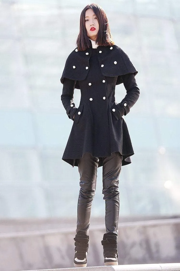 Black Wool  Cape  Asymmetrical Coat Wth Double Breasted  C187