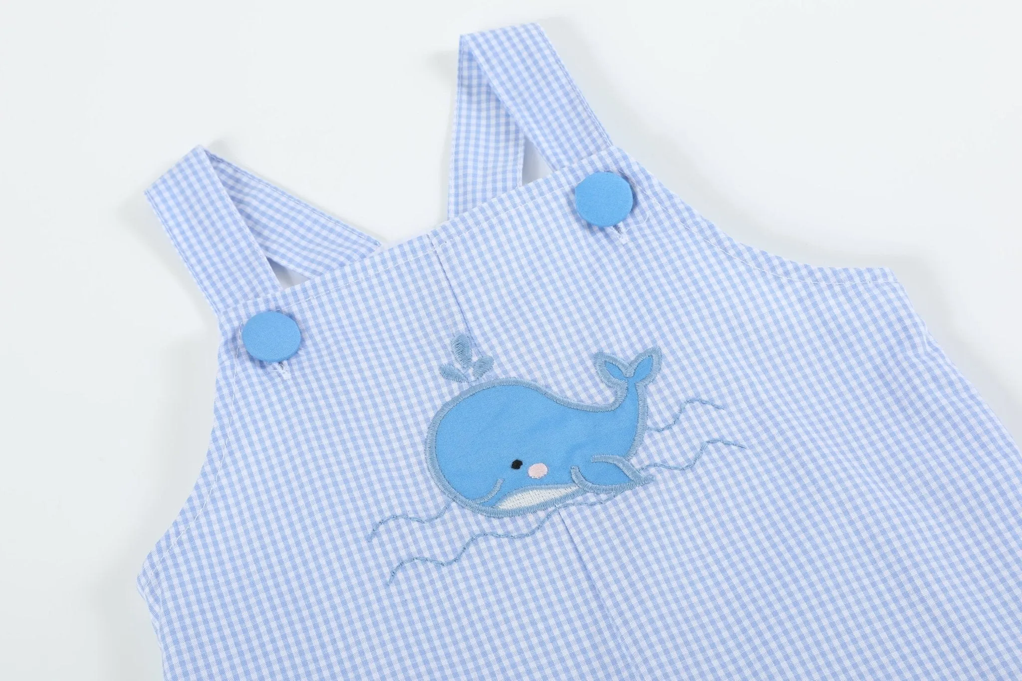 Blue Gingham Whale Overall Shortalls