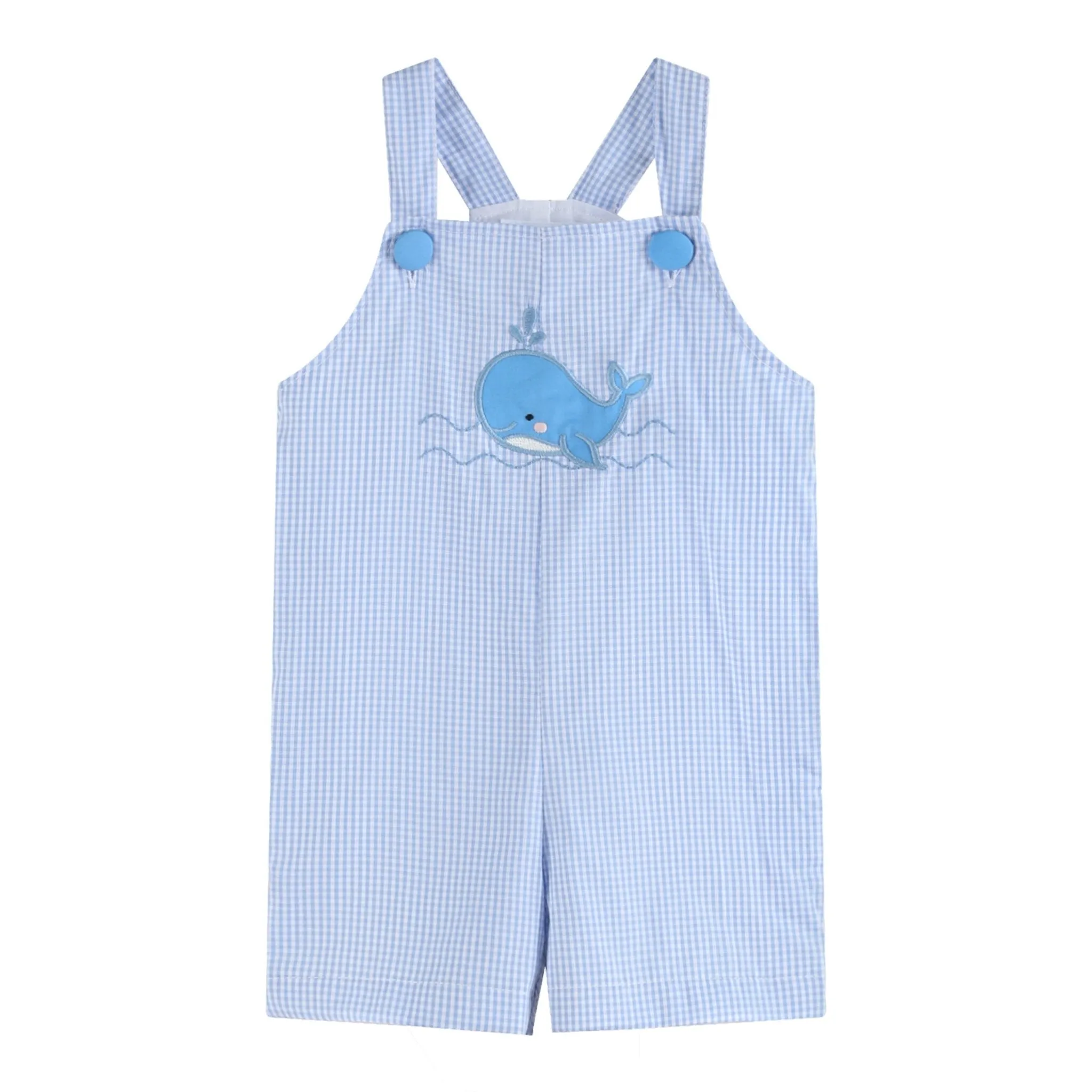 Blue Gingham Whale Overall Shortalls