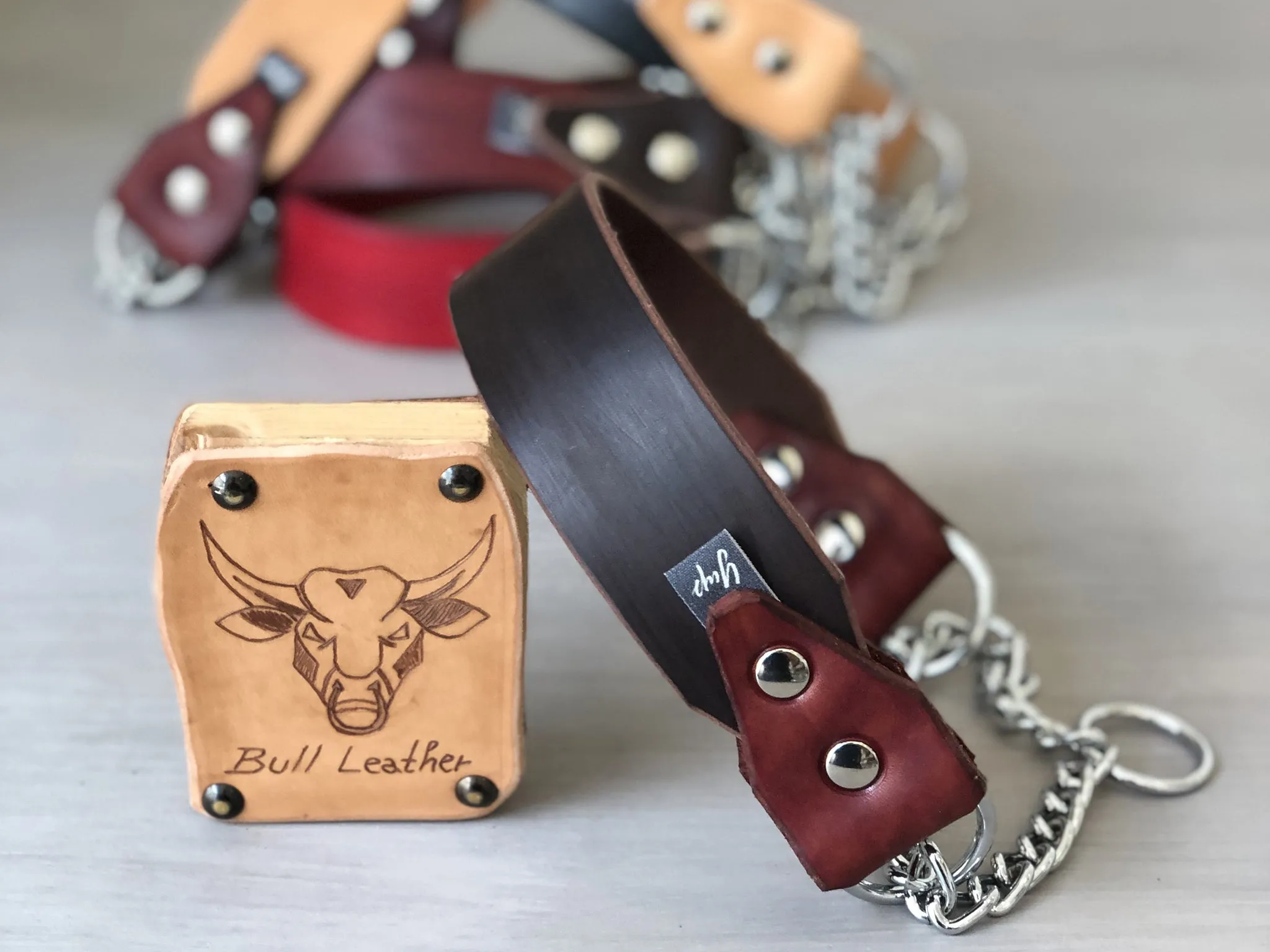 Bull Leather Martingale Dog Collar in 5 Colors and Stainless Steel Chain