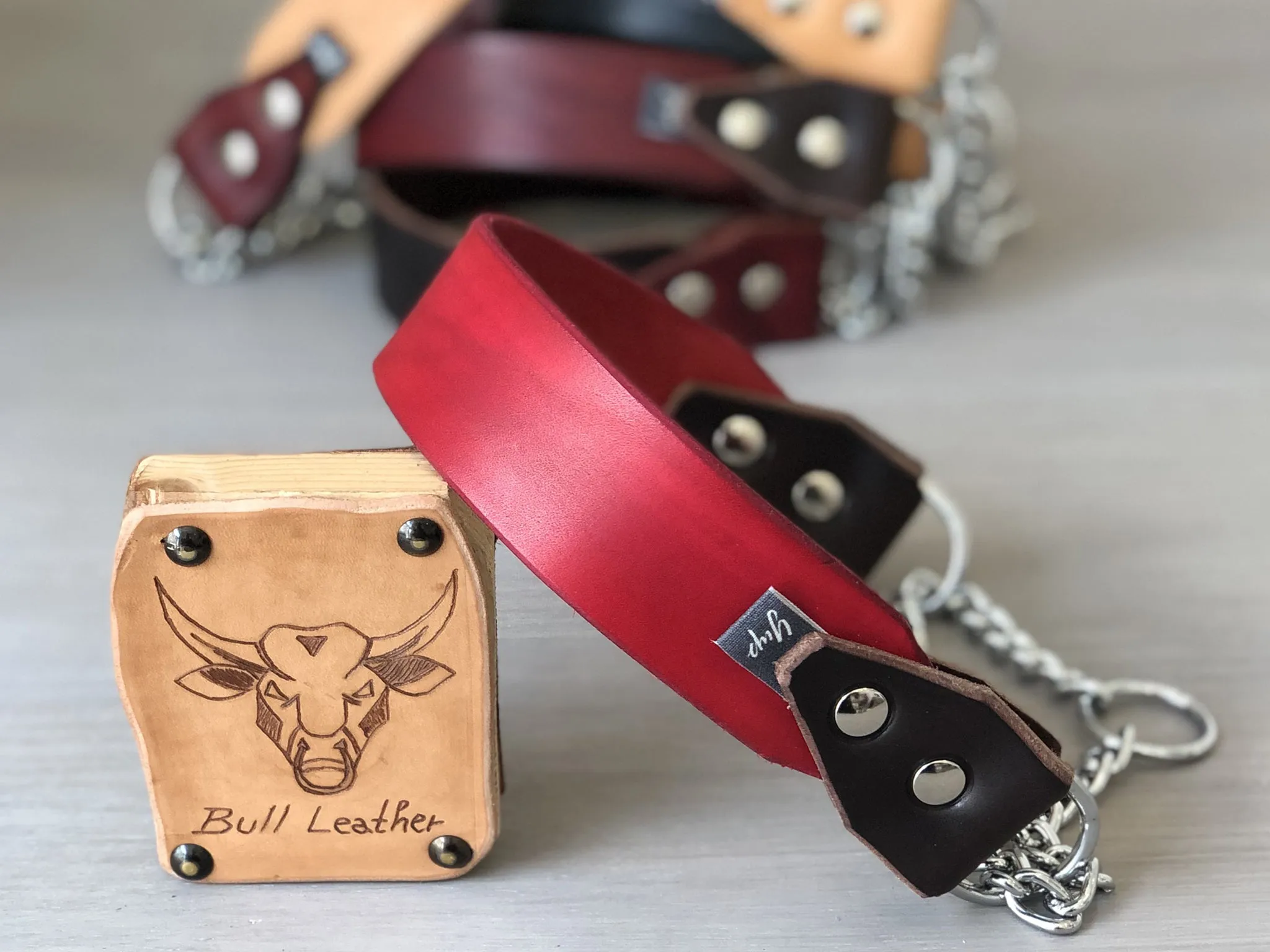 Bull Leather Martingale Dog Collar in 5 Colors and Stainless Steel Chain