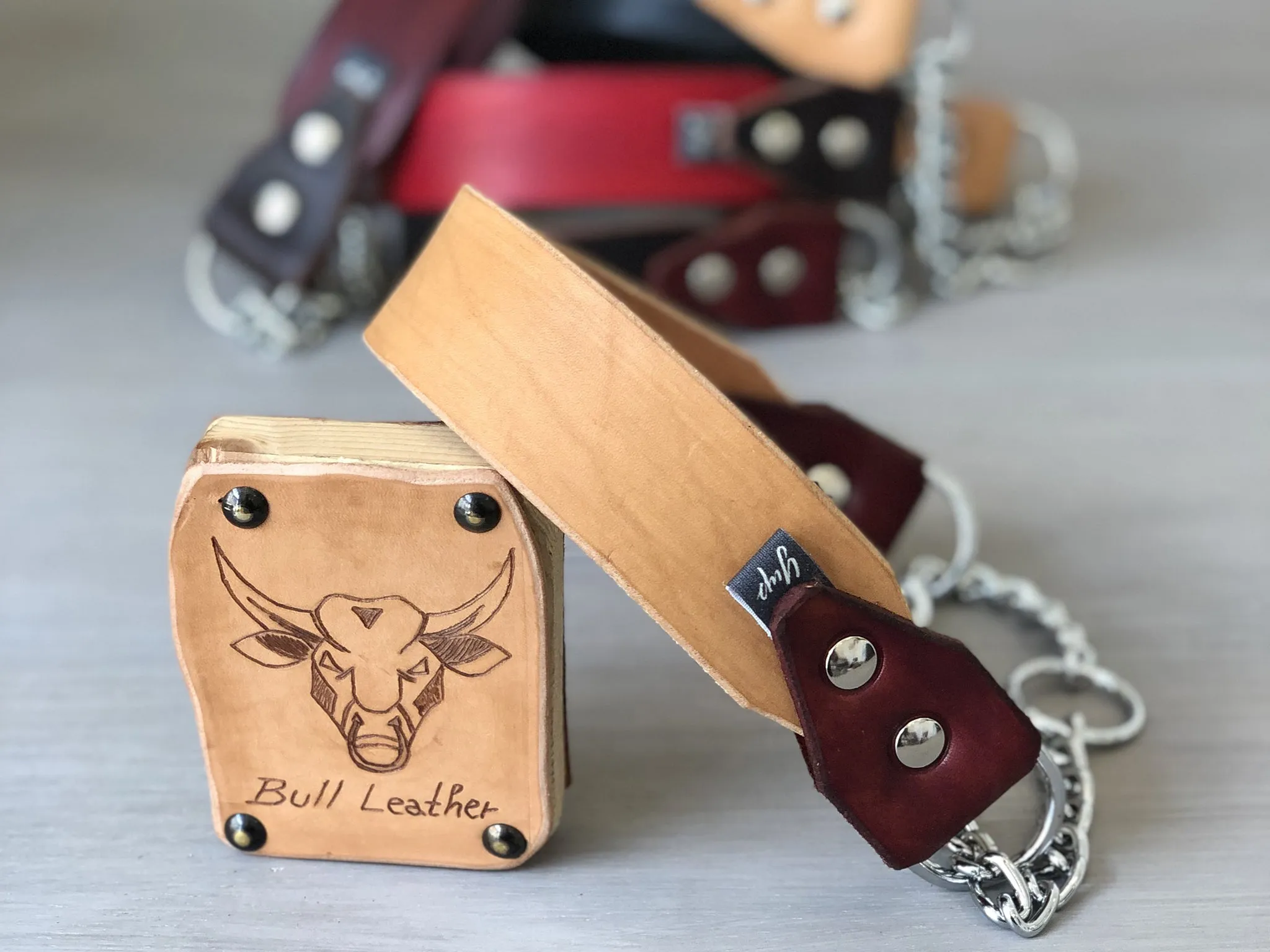 Bull Leather Martingale Dog Collar in 5 Colors and Stainless Steel Chain