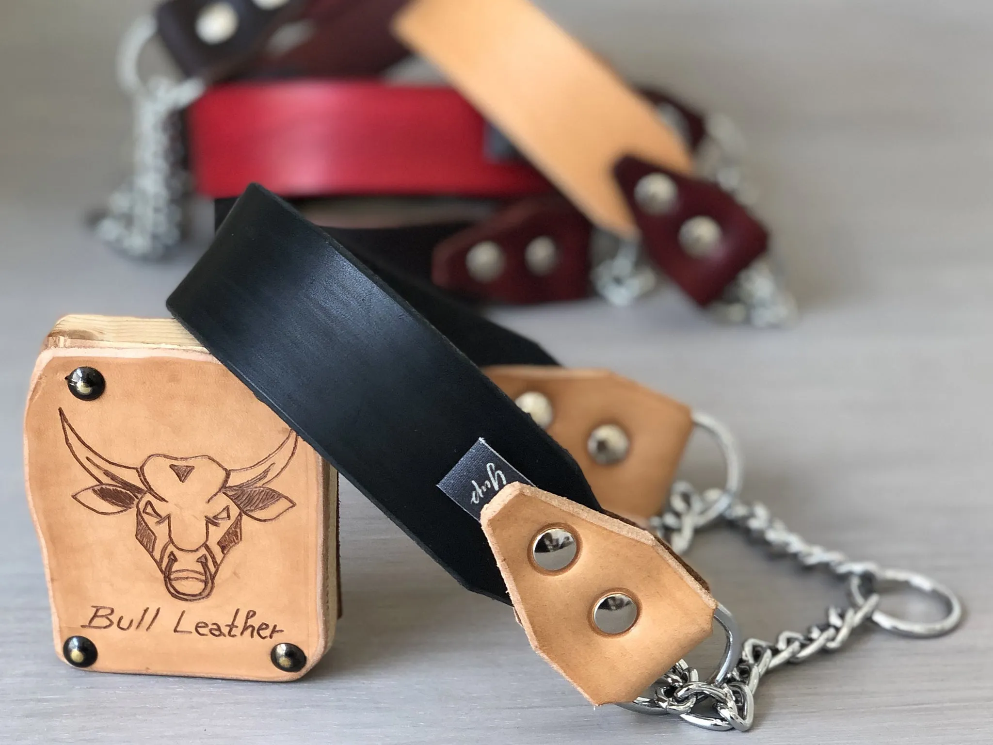 Bull Leather Martingale Dog Collar in 5 Colors and Stainless Steel Chain