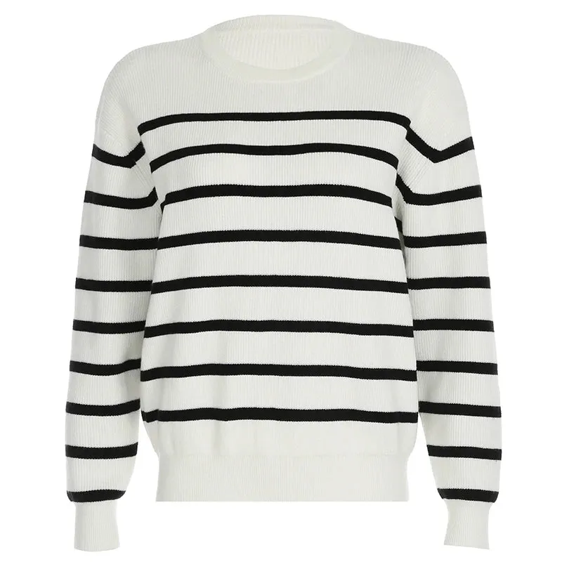 Casual Oversized Striped Autumn Pullover For Women Winter Warm Sweaters Basic Knitting Simplicity Jummpers Round Neck