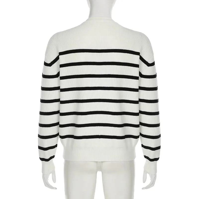 Casual Oversized Striped Autumn Pullover For Women Winter Warm Sweaters Basic Knitting Simplicity Jummpers Round Neck