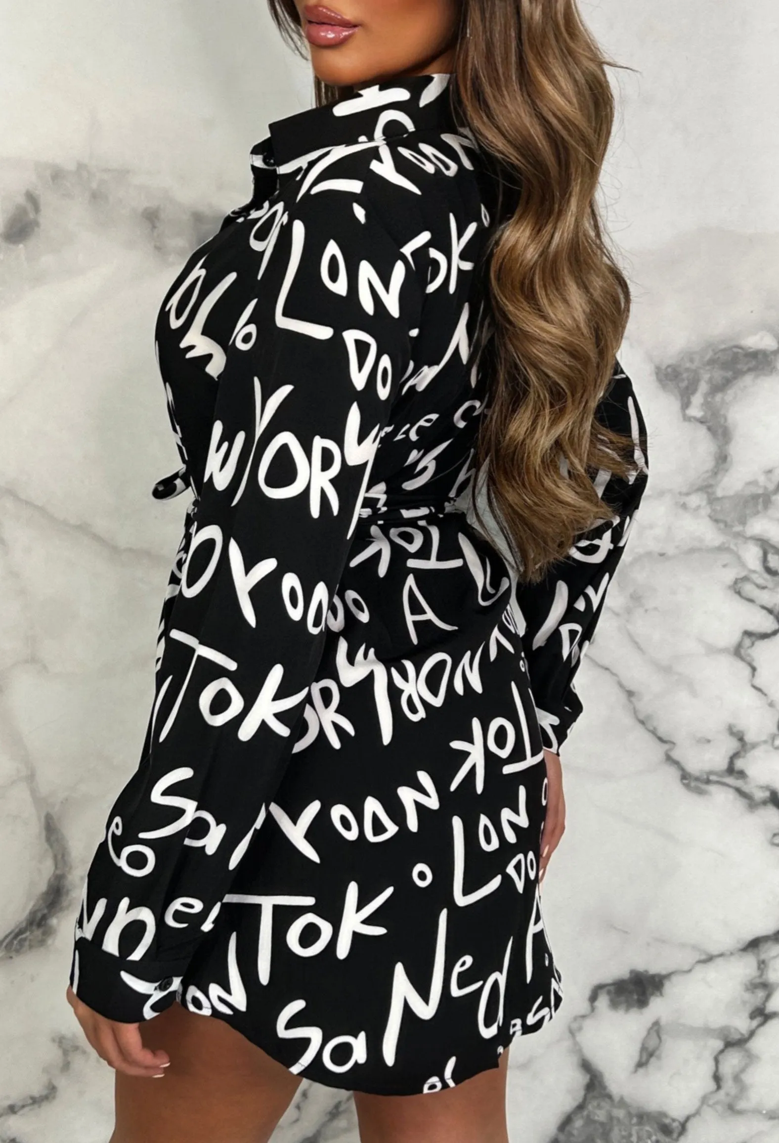 Cosmopolitan Cute Black Printed Belted Mini Shirt Dress