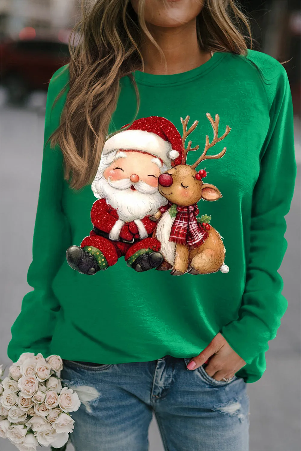 Crew Neck Solid Color Santa Elk Pattern Pullover Sweatshirt