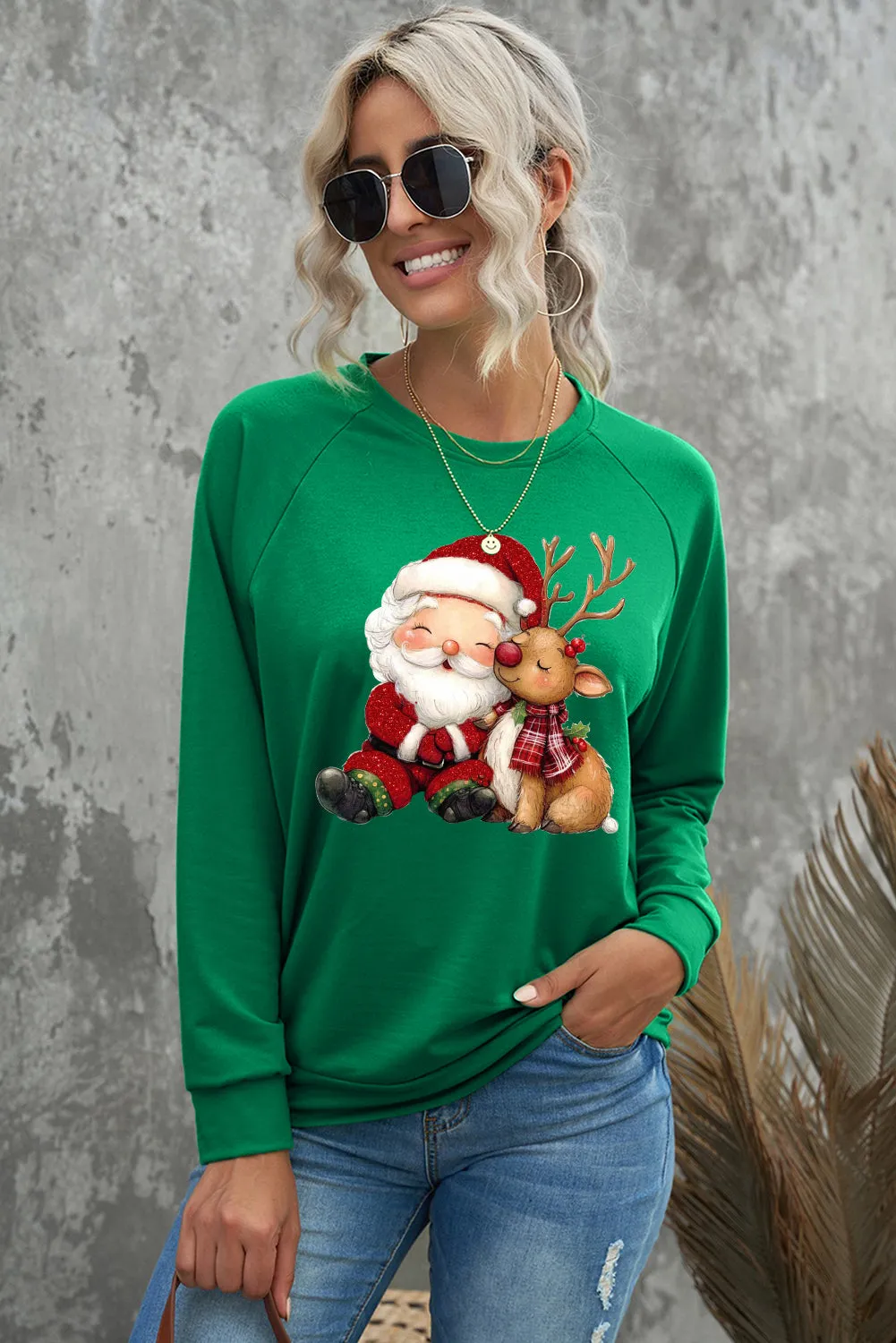 Crew Neck Solid Color Santa Elk Pattern Pullover Sweatshirt