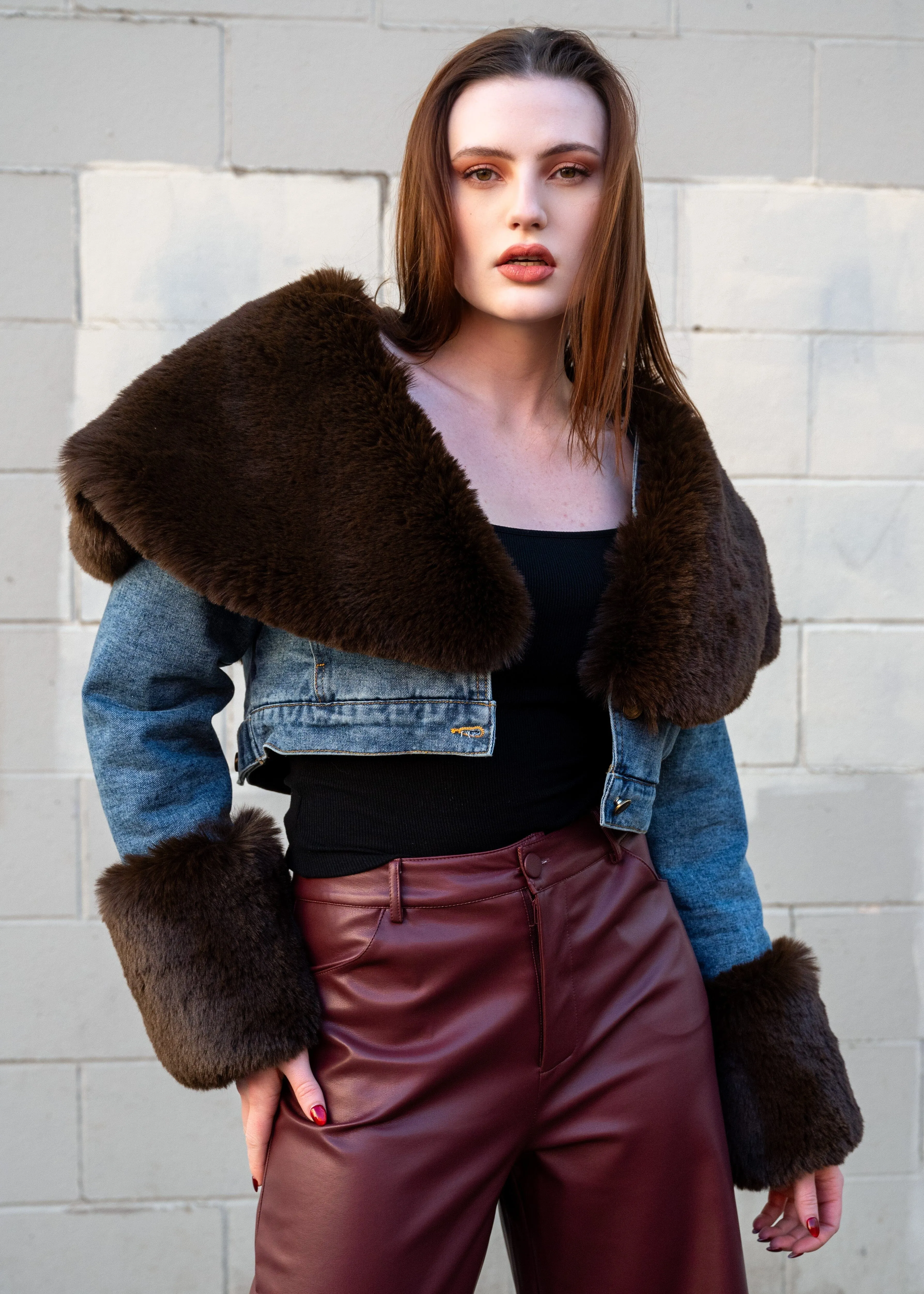Cropped Denim Faux Fur Trimmed Jacket