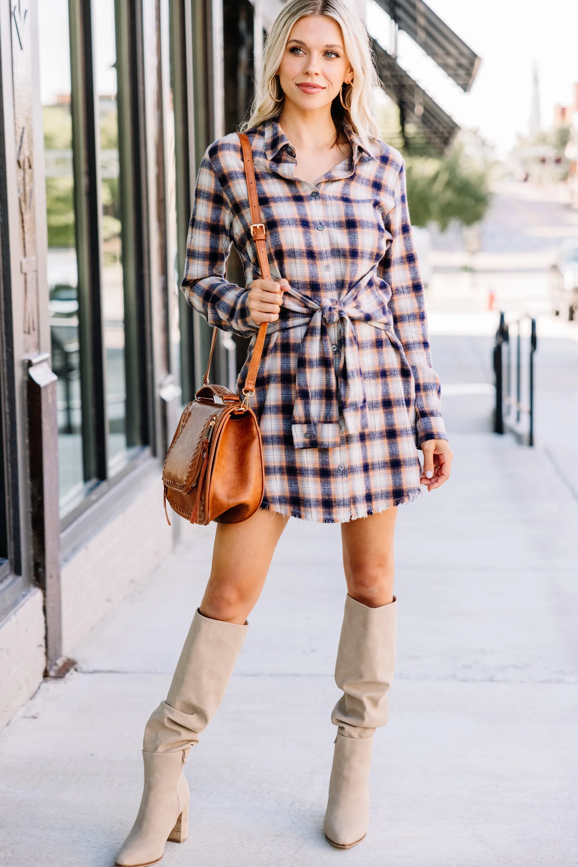 Dream Easy Camel Brown Plaid Dress