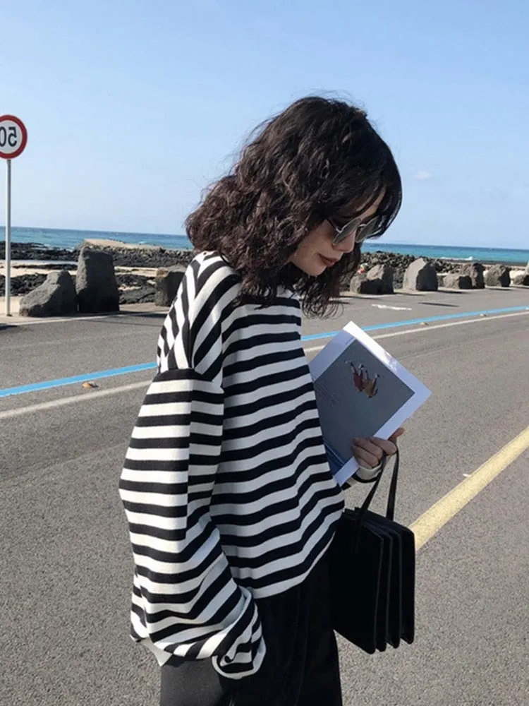Fashion Striped Women Sweatshirt Harajuku Casual O Neck Cotton Tops Spring Long Sleeve Blue Oversized Female Hoodies