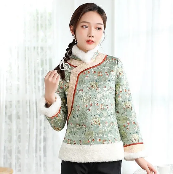 Floral Fancy Cotton Fur Edge Women's Chinese Style Jacket Wadded Coat