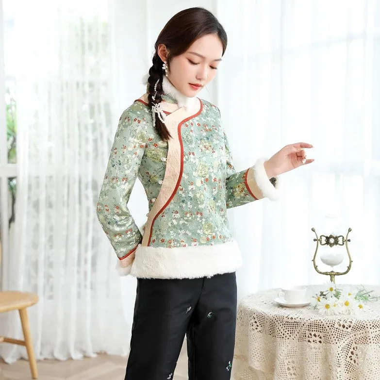 Floral Fancy Cotton Fur Edge Women's Chinese Style Jacket Wadded Coat
