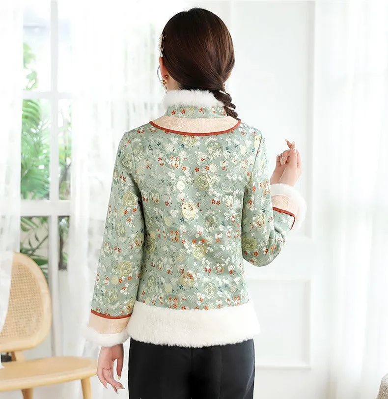 Floral Fancy Cotton Fur Edge Women's Chinese Style Jacket Wadded Coat