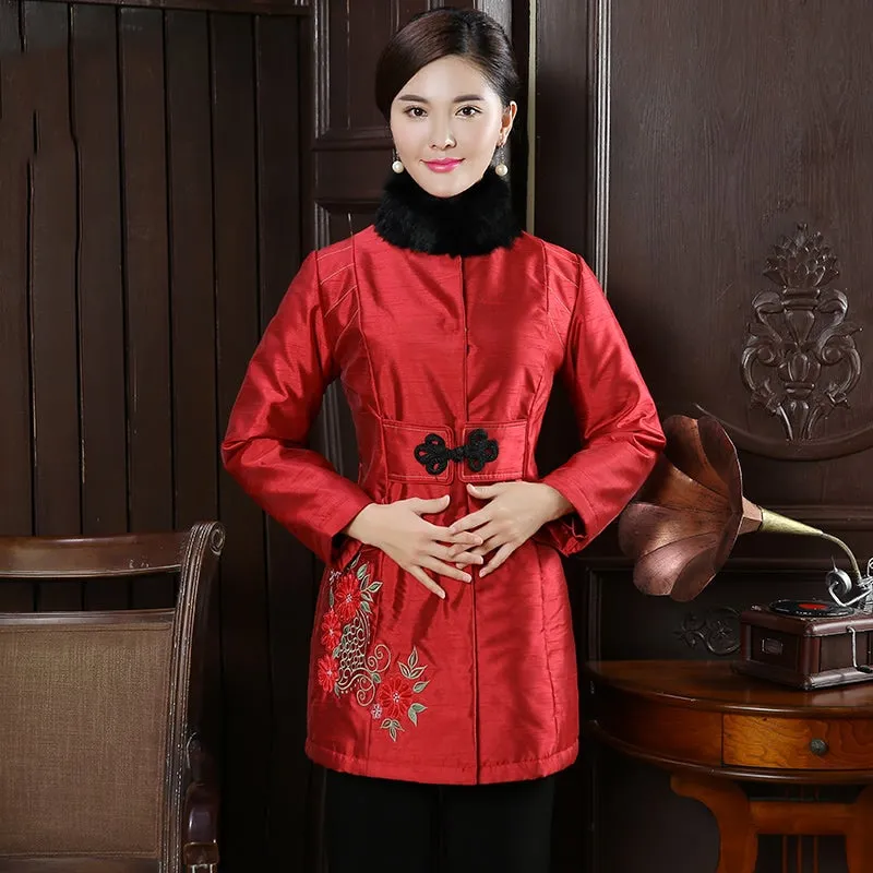 Fur Collar Floral Embroidery Chinese Style Wadded Coat