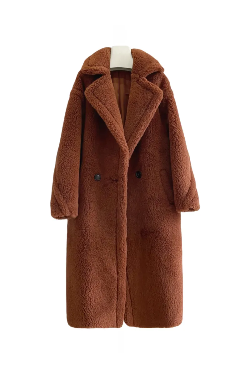 Genuine Long Teddy Coat with Lapel Collar