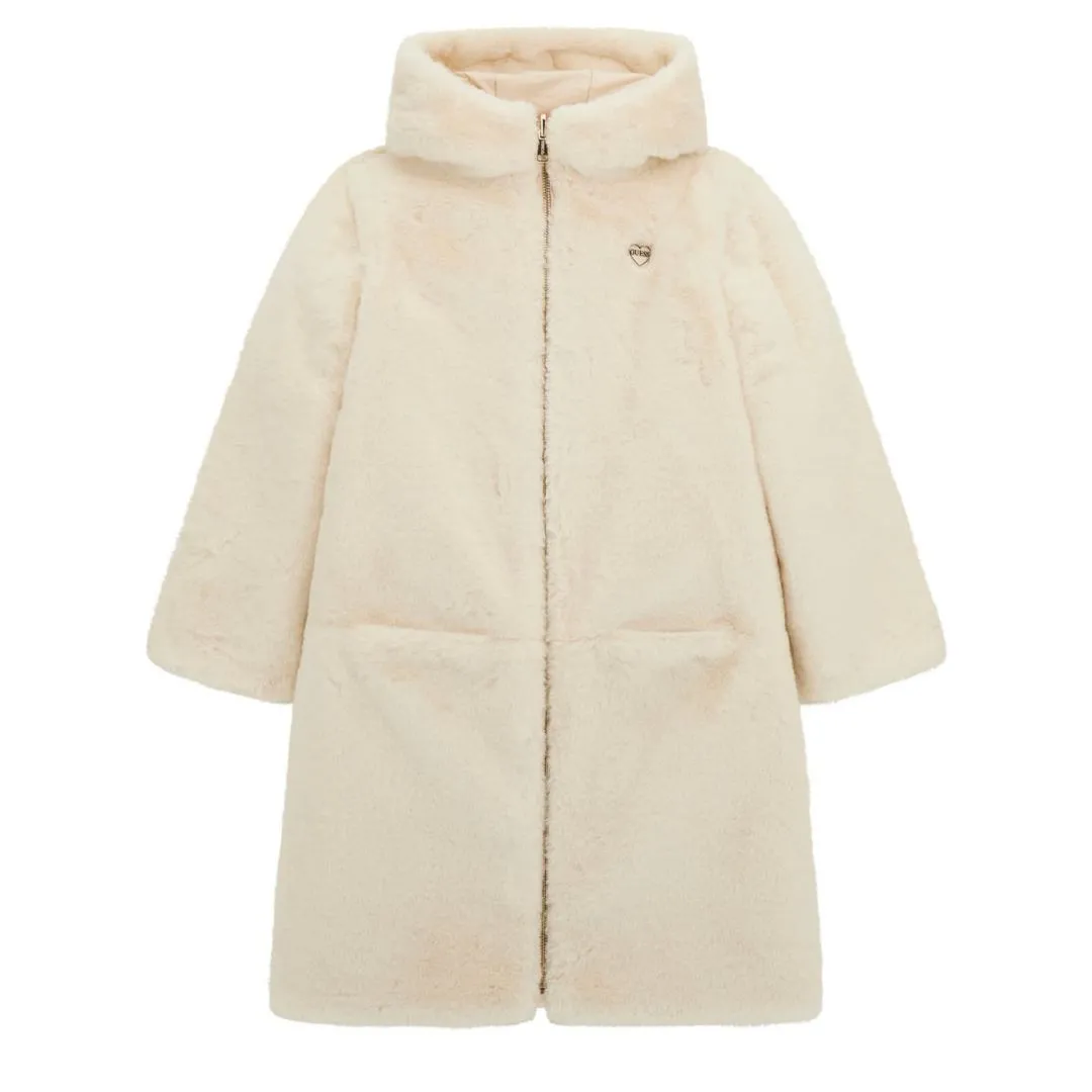 Girls Cream Reversible Faux Fur Coat