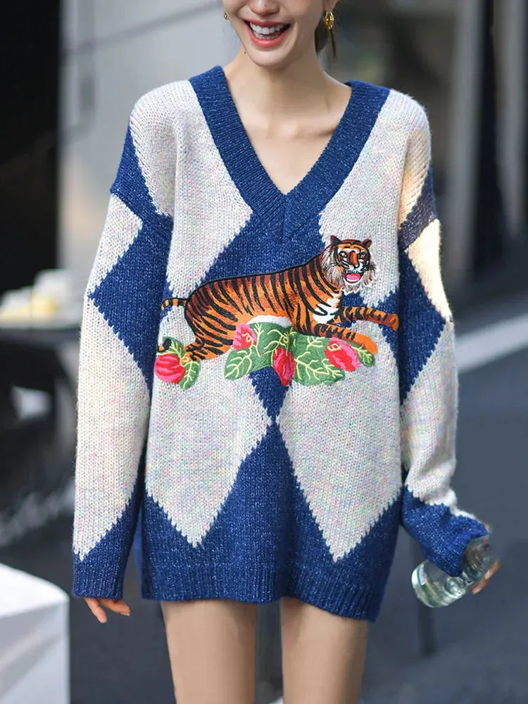 Harajuku Vintage Streetwear Sweaters Women Pullover Pattern Knitted Jumpers Autumn Couple Casual Loose Top C-052