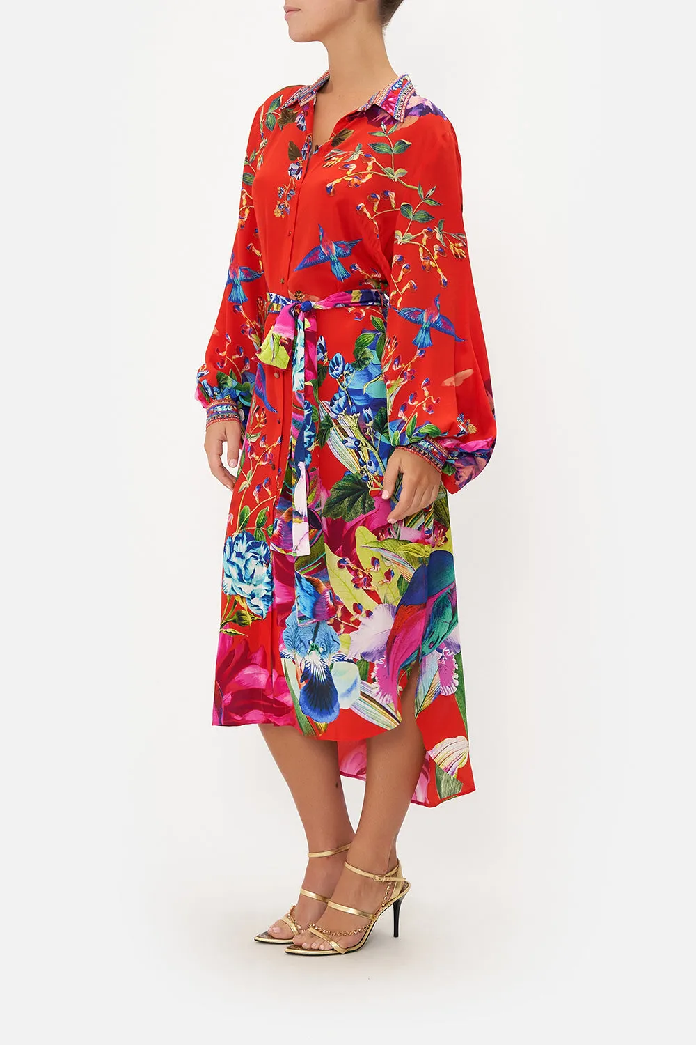 HIGH LOW MIDI SHIRT DRESS BIRDS OF A FEATHER