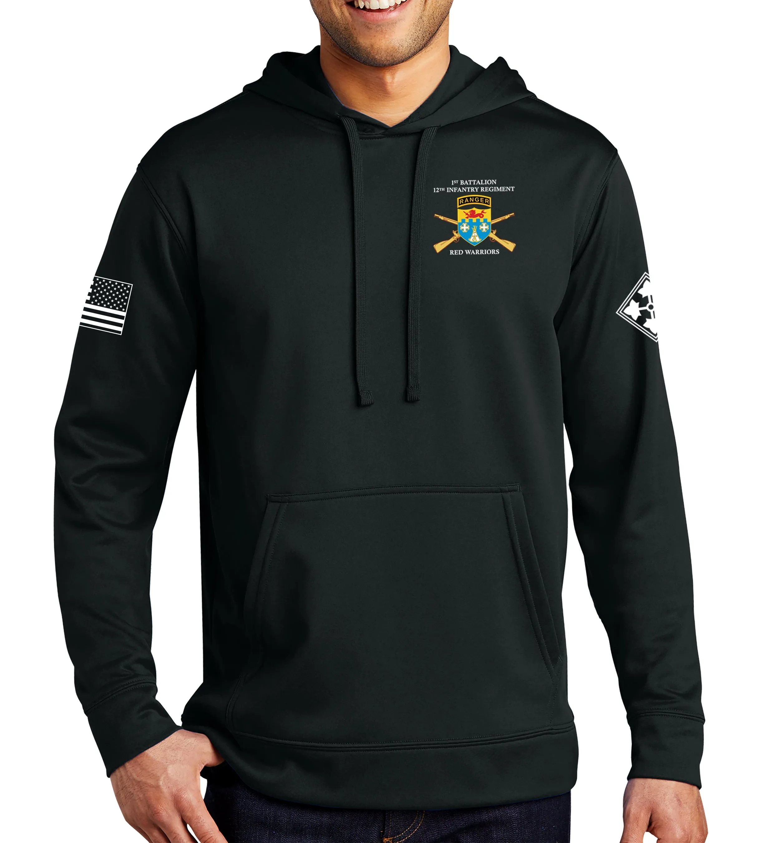HQ Performance Hoodie Black on Black Sweatshirt. (This material is lighter than the 50-50) This sweatshirt is NOT approved for PT.