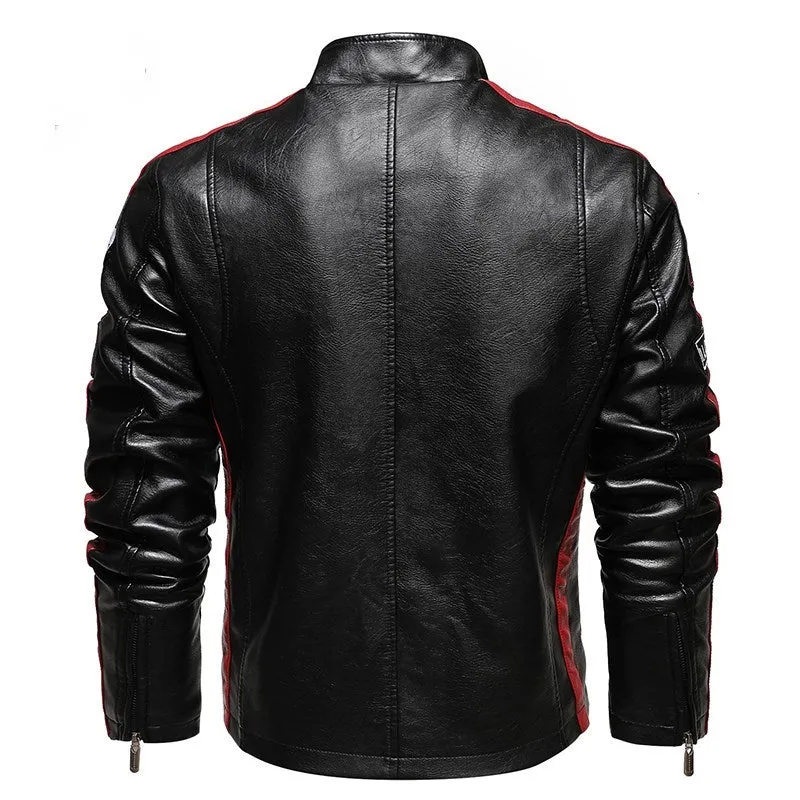 leather short embroidered lapel leather jacket