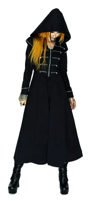 Long Hooded Designer Black Cotton Coat - Azalea