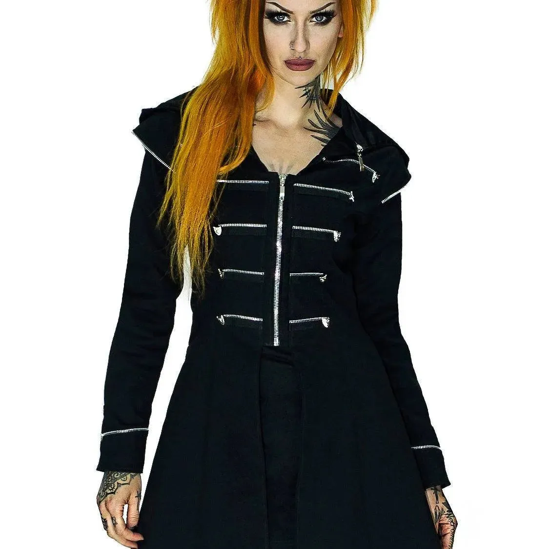 Long Hooded Designer Black Cotton Coat - Azalea