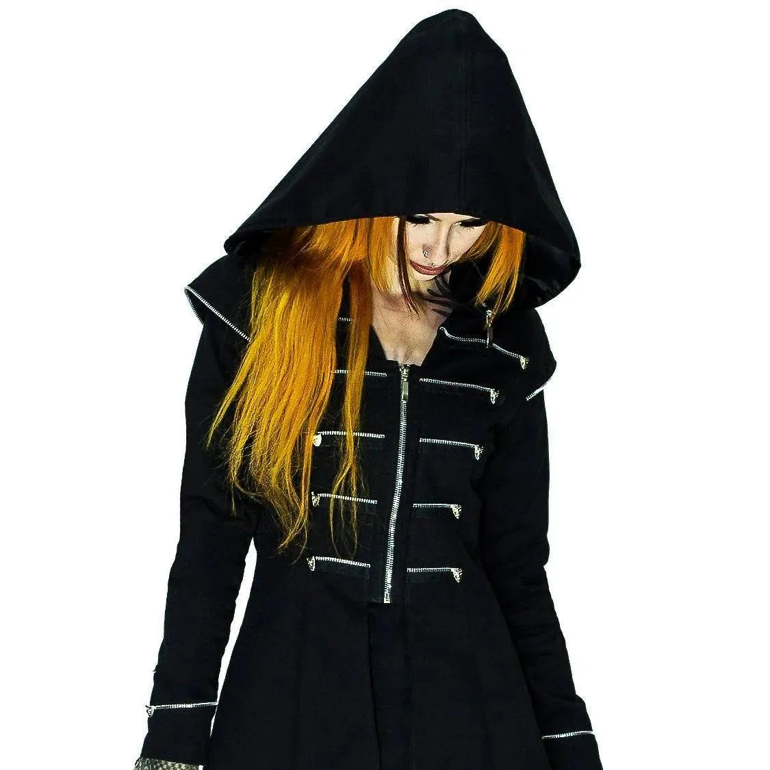 Long Hooded Designer Black Cotton Coat - Azalea