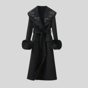 Luxury Cashmere Overcoat with Fox Fur Cuffs and Floral 3D Accents - Black