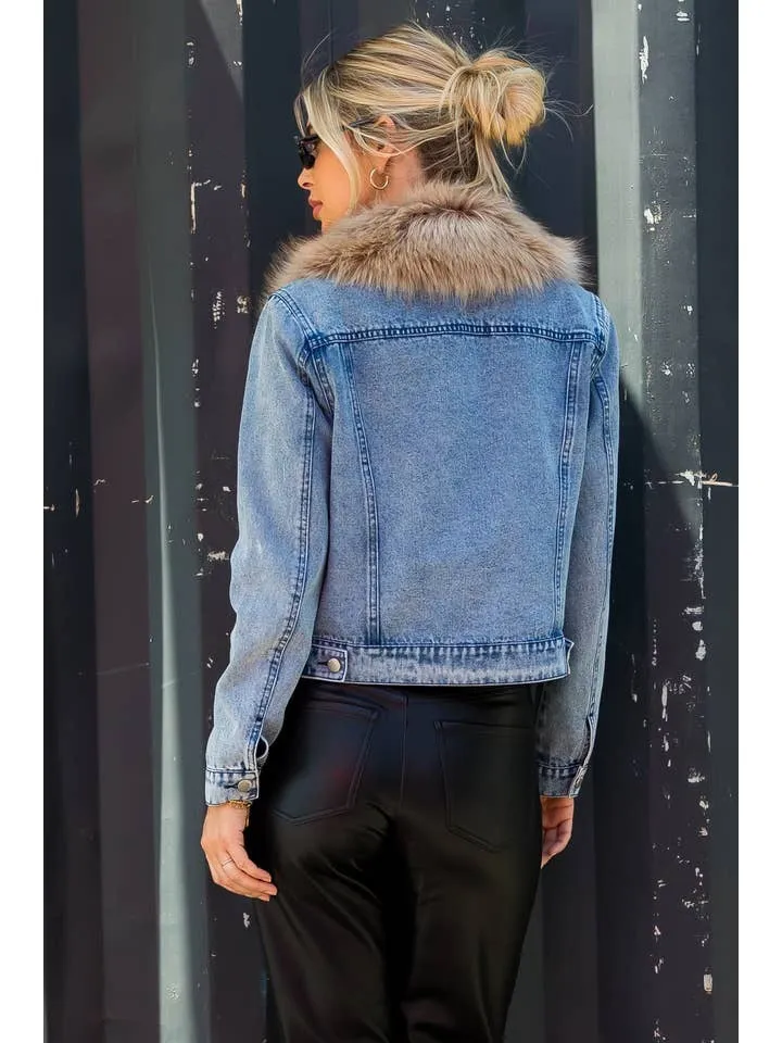 Medium Wash Denim Jacket w Removable Faux Fur Collar