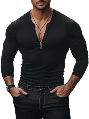 Men's Fashion Zipper V Neck Long Sleeve T-Shirt