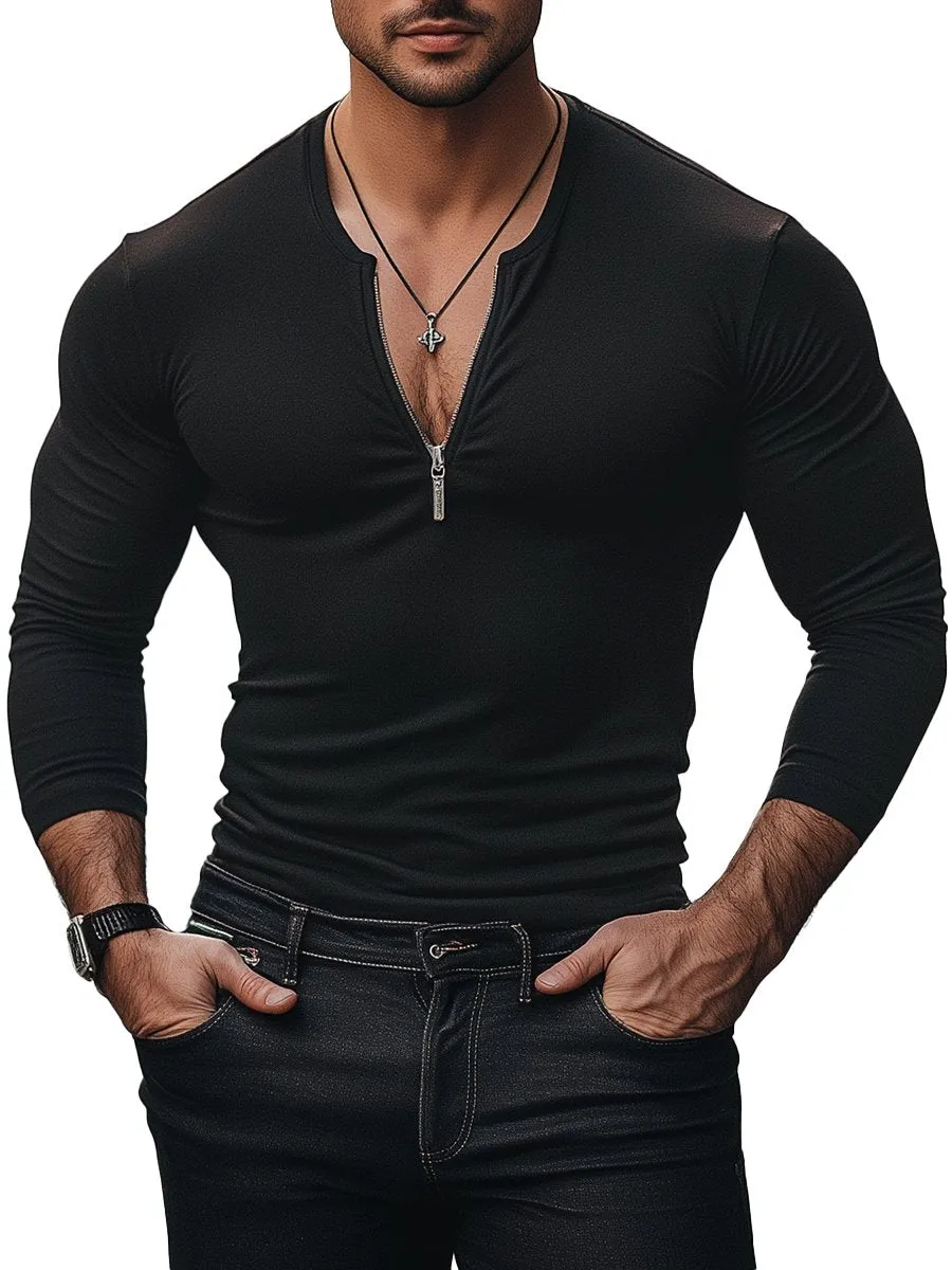 Men's Fashion Zipper V Neck Long Sleeve T-Shirt