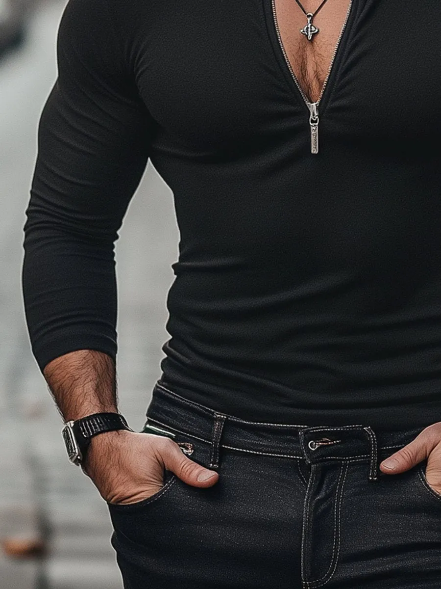 Men's Fashion Zipper V Neck Long Sleeve T-Shirt