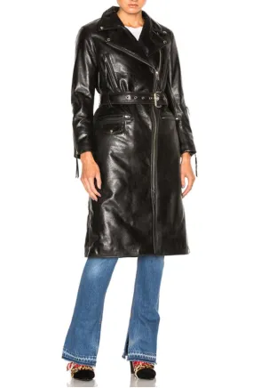 Milly Black Leather Long Trench Coat Women Outfit with Belt