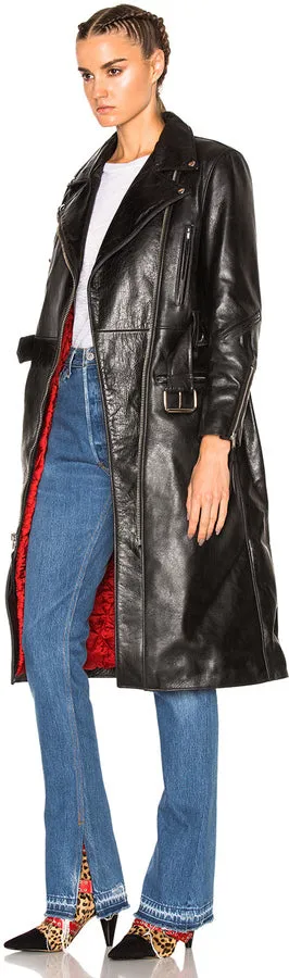 Milly Black Leather Long Trench Coat Women Outfit with Belt