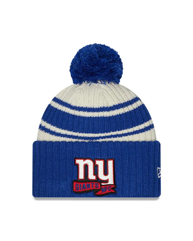 New York Giants New Era 2022 Sideline - Sport Cuffed Pom Knit Hat - Cream/Royal