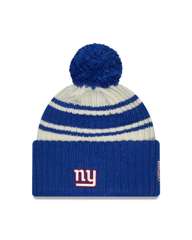 New York Giants New Era 2022 Sideline - Sport Cuffed Pom Knit Hat - Cream/Royal